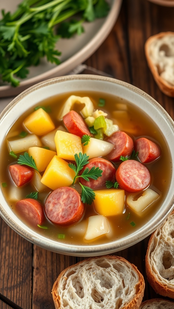 Hearty Cabbage and Kielbasa Soup Recipe A hearty bowl of cabbage and kielbasa soup with potatoes and parsley, on a rustic table with bread.